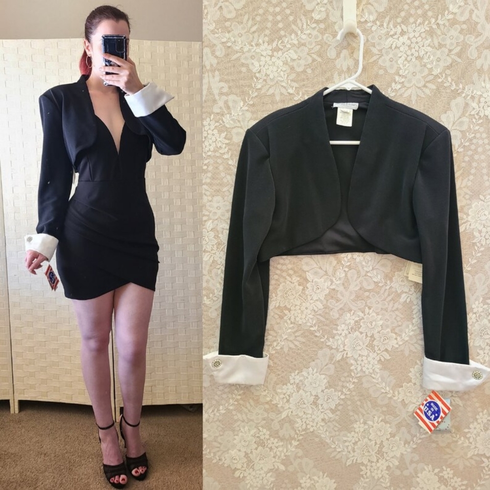 Vintage 80s Betsy & Adam Black White Cuffed Dressy Bolero Long Sleeve Cardigan